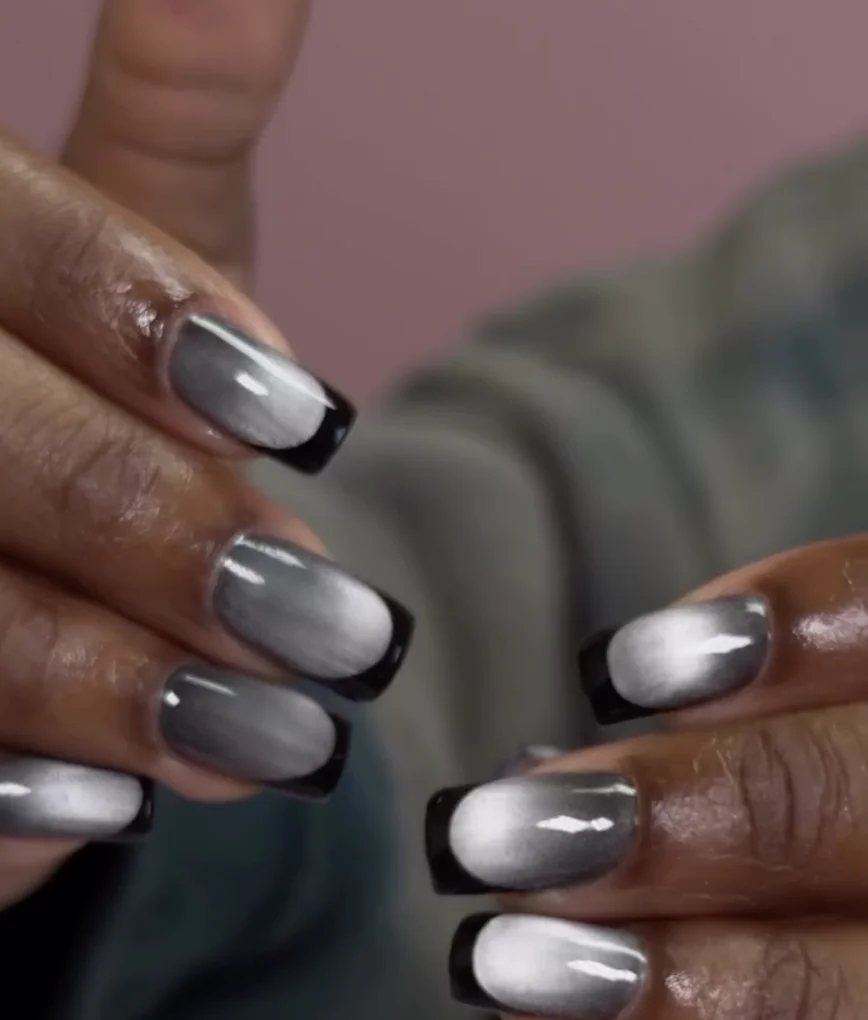 Elegant Cat Eye Nails with Black French Tips