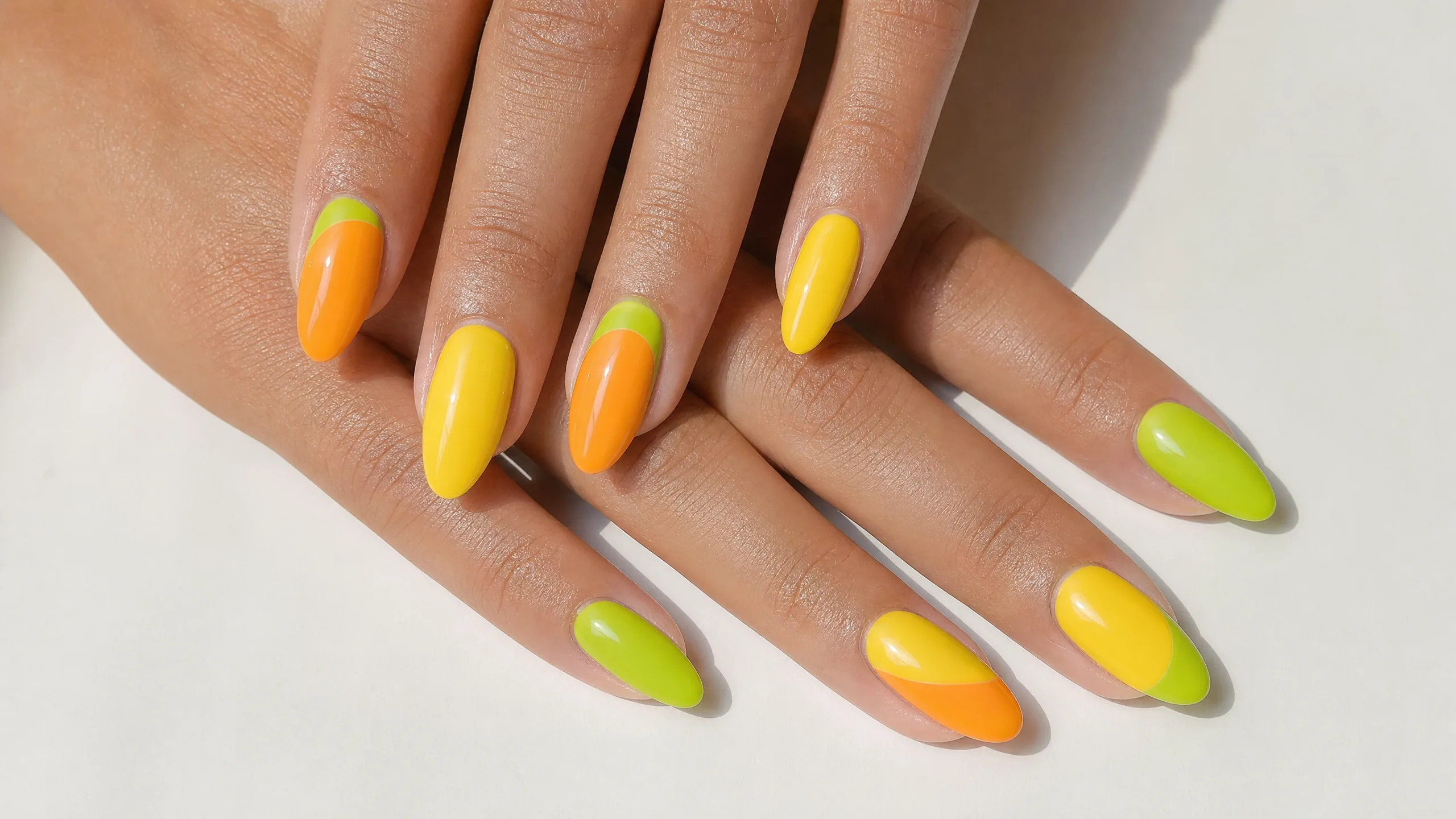 Juicy citrus nails — lemon yellow, lime green and orange sorbet color block