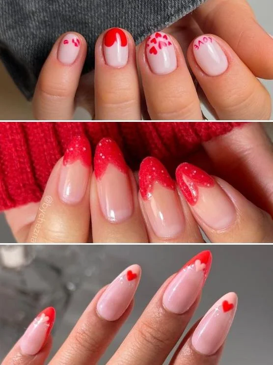 Hand-drawn artistic heart nail art in pink and red