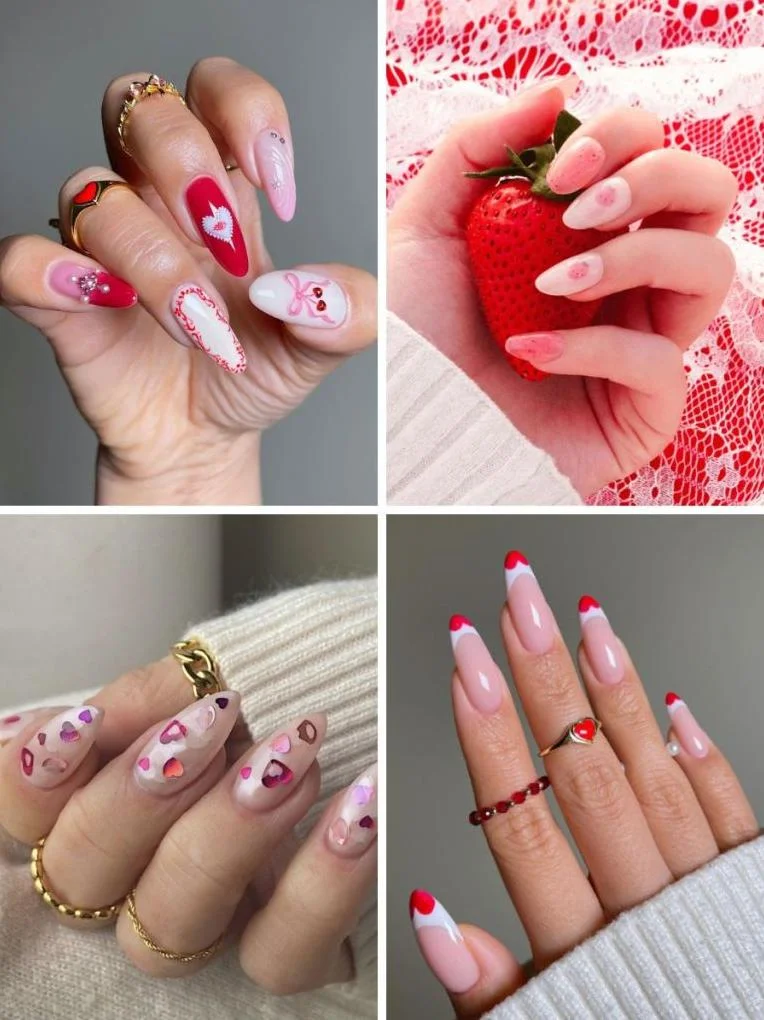 Bold pink and red color blocking with LOVE text Valentine's nails
